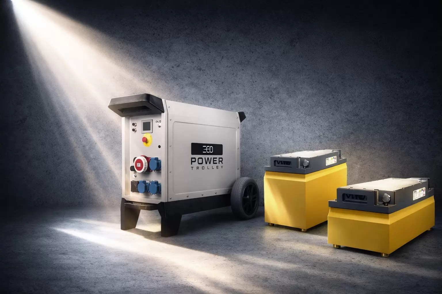 ecoPowerTrolley und Traktionsbatterien Ankündigungsbild mit Scheinwerfer für neuen Shop